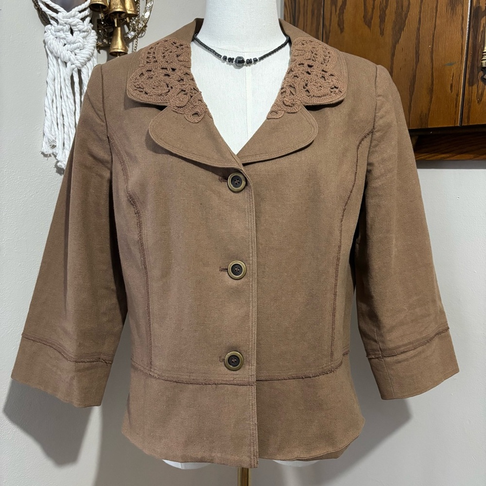 Field Manor Cropped Linen Blend Blazer Jacket Crochet Lace Collar Brown Size Lg